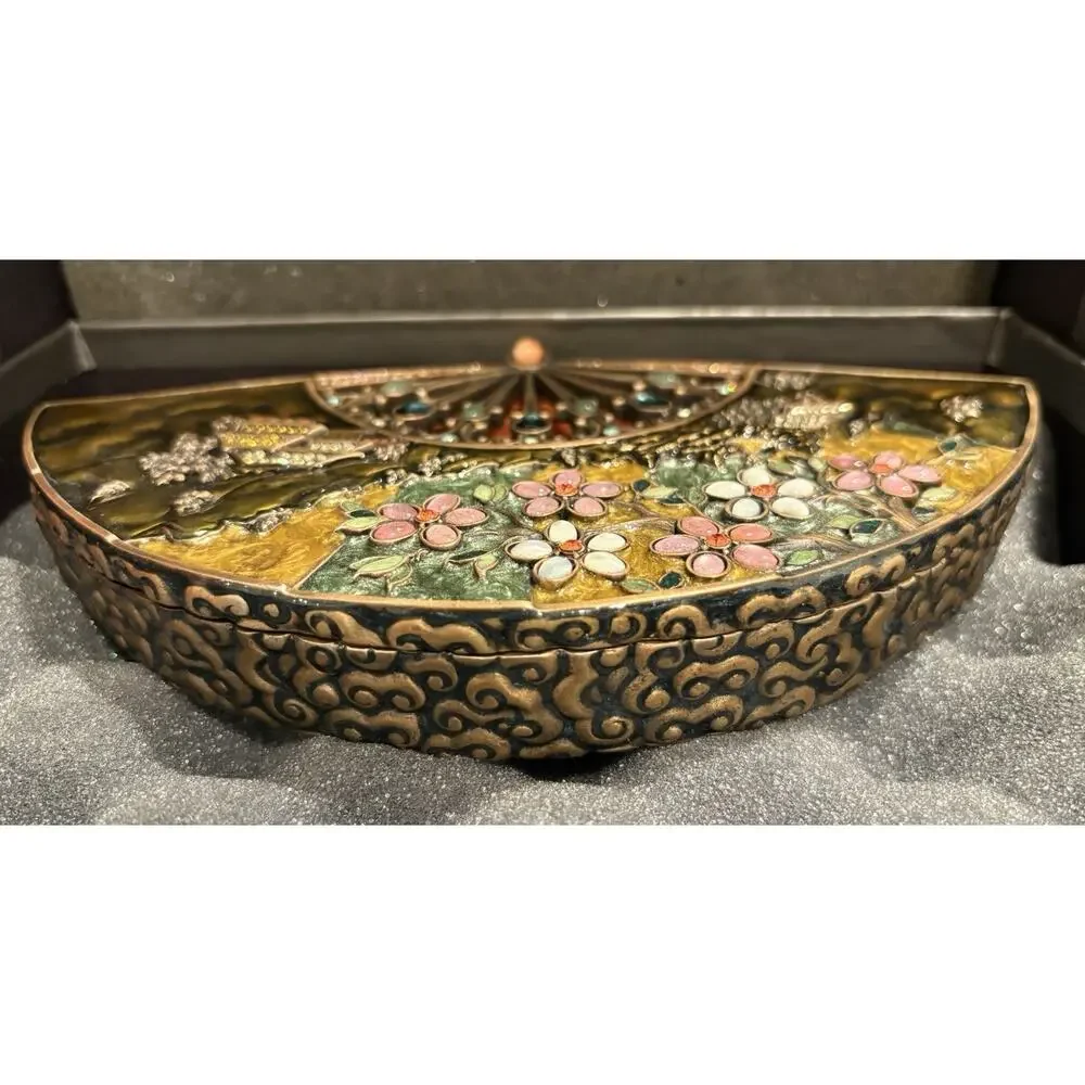 Jay Strongwater Fan Philomena Trinket Box Enameled & Jeweled Chinese Oriental - Picture 7 of 13
